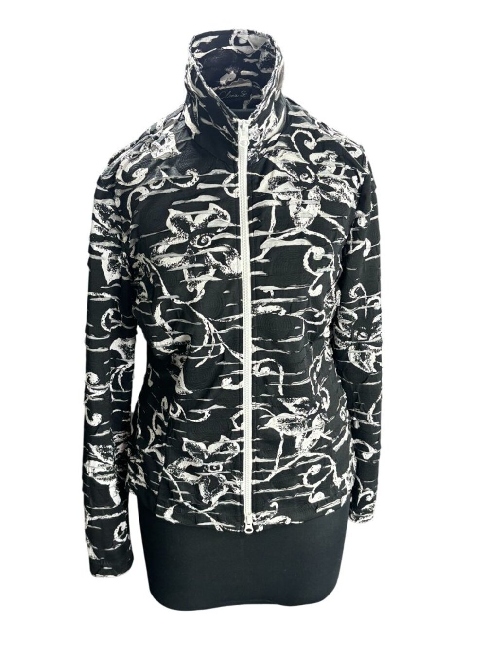 Clara S. Black & White Floral Zip-Up Jacket High Neck Long Sleeves One Size